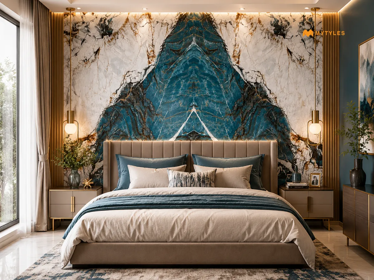 Pacific Blue Bookmatch Tiles in Bedroom